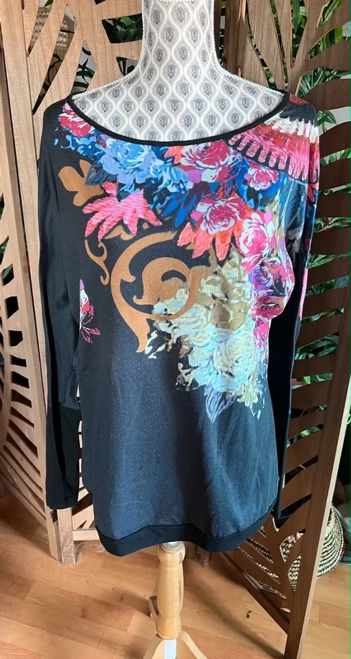 Blouse tunique SMASH fluide noir gris motif à fleurs coloré taille XL extensible
