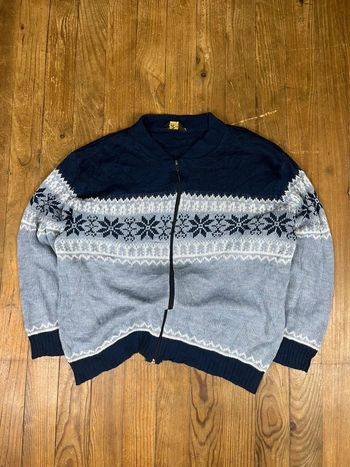 Pull cardigan zip-up maille vintage motifs multicolore Made in Great Britain XL