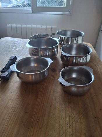 Batterie casseroles en inox 18/10 et cuivre Letang et Rémy en très bon état