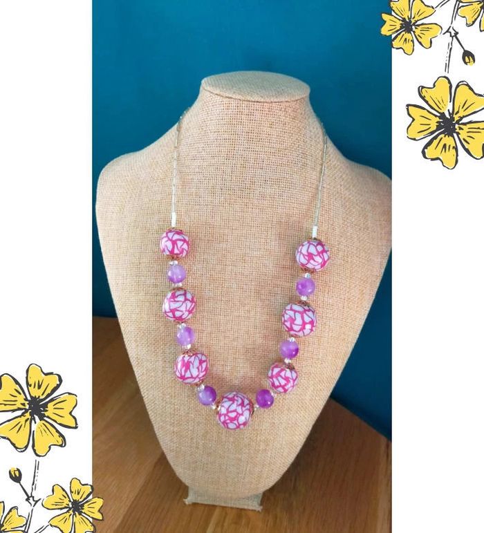 Collier vintage fait main – Perles roses en polymère & perles violettes – Collection Nuances de Rose