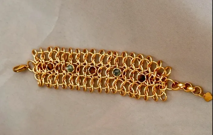 Bracelet manchette large  mailles larges pierres véritables amazonite œil de tigre habaha Paris - photo numéro 2