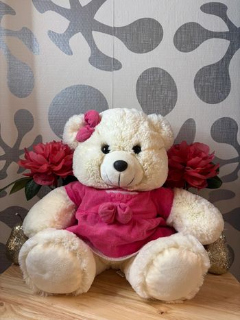 🌺Peluche ours blanc crème avec robe et noeud papillon rose🌺