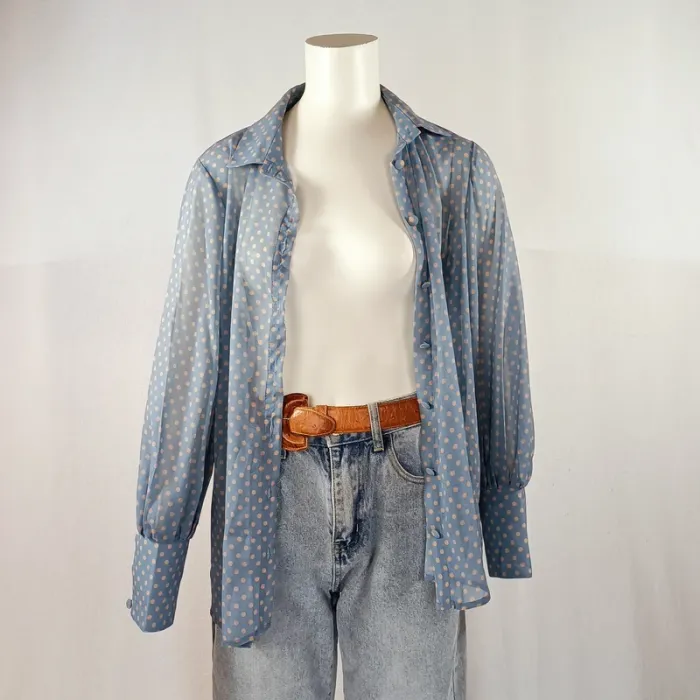 Chemise bleu ciel à pois beige Rinascimento, manches bouffantes, col classique, taille M A971 - photo numéro 3