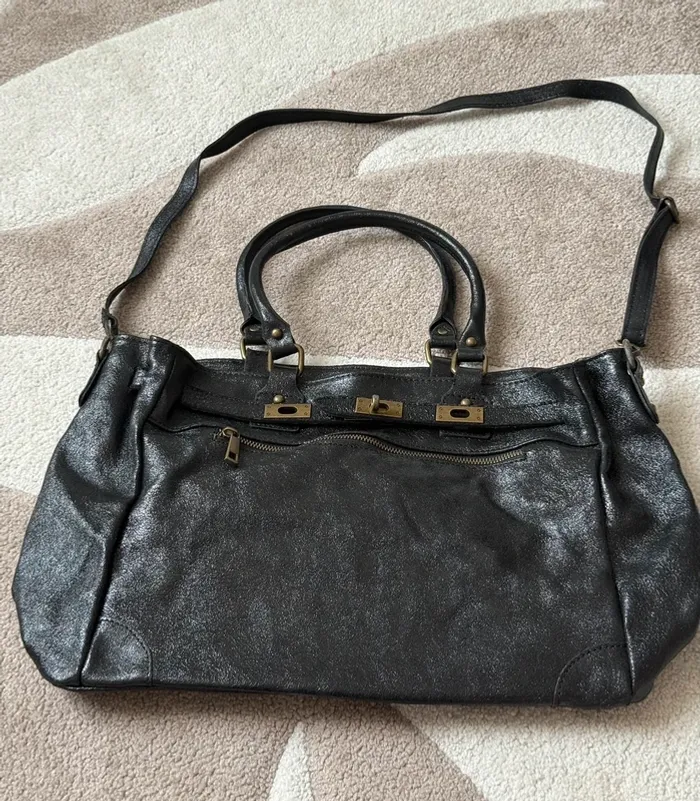 Grand sac noir en cuir véritable – Genuine leather
