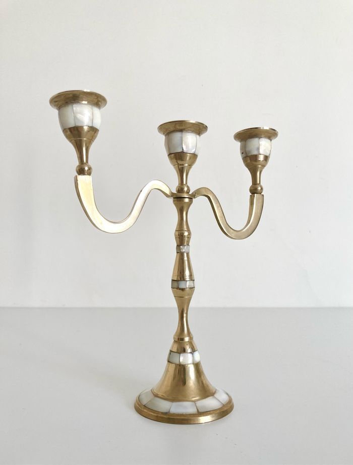 Chandelier 3 branches - Bougeoir en laiton et nacre / Vintage