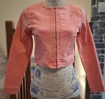 Veste en jean courte zippée imprimée et brodée au dos