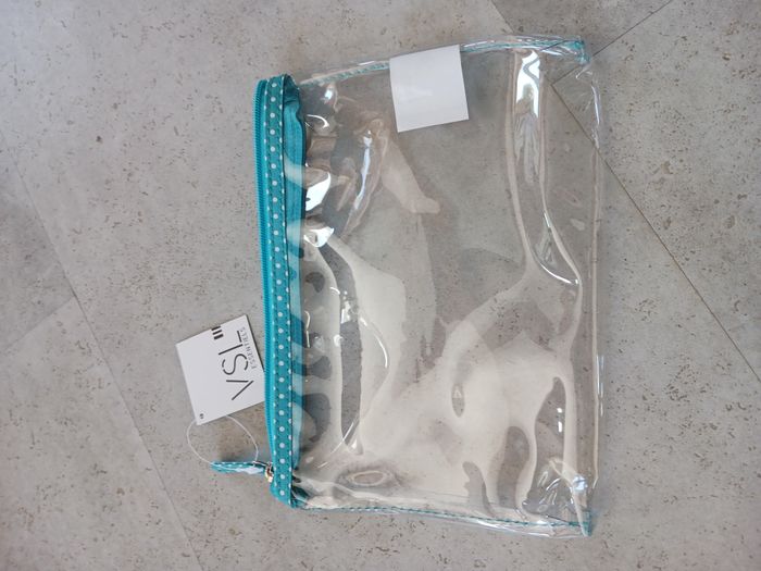 trousse transparente et turquoise neuve étiquetée 23 X 17 cm VSL essentiels