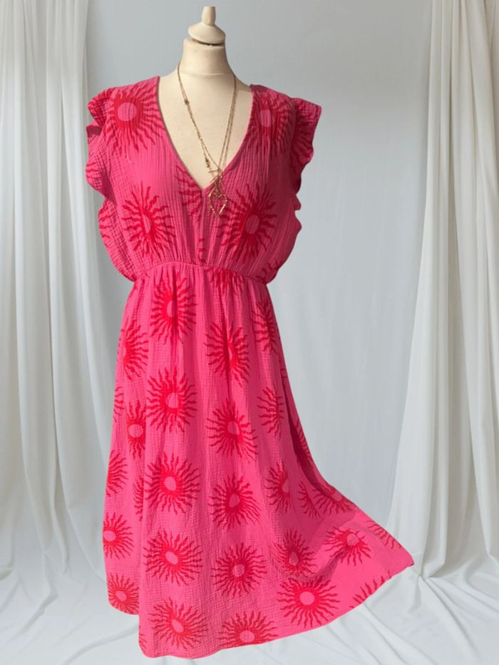 Longue robe d’été en gaz de coton Fushia soleil rouge grande taille 42-46