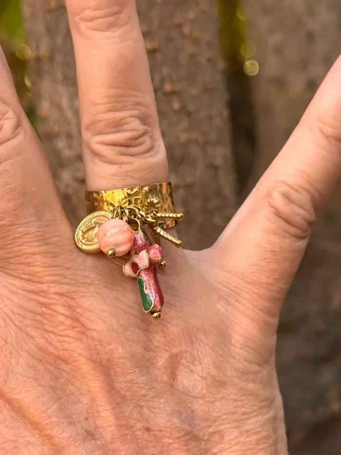 Bague large réglable habaha Paris médaille vierge,  noeud , croix porcelaine pierre, - photo numéro 2