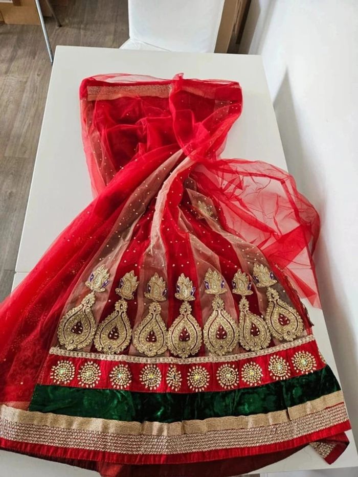 Véritable magnifique sari île Maurice brodé fait à la main rouge et vert velour robe indienne - photo numéro 3