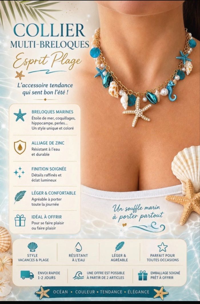 Collier bleu étoile de mer coquillage été plage tendance bohème - photo numéro 2