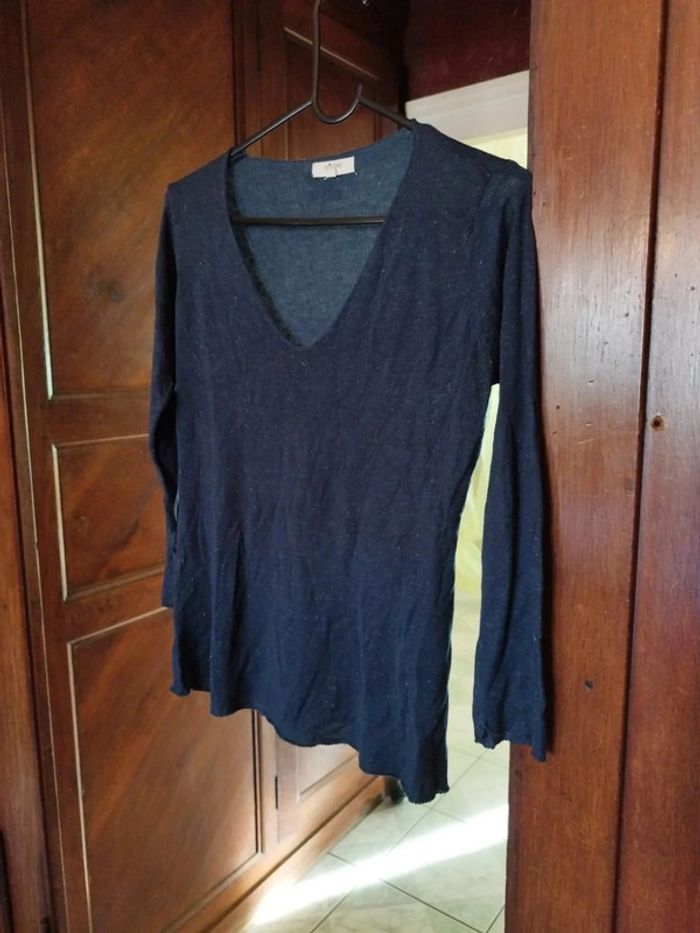 Pull gris col v pailleté papillon au dos S/M