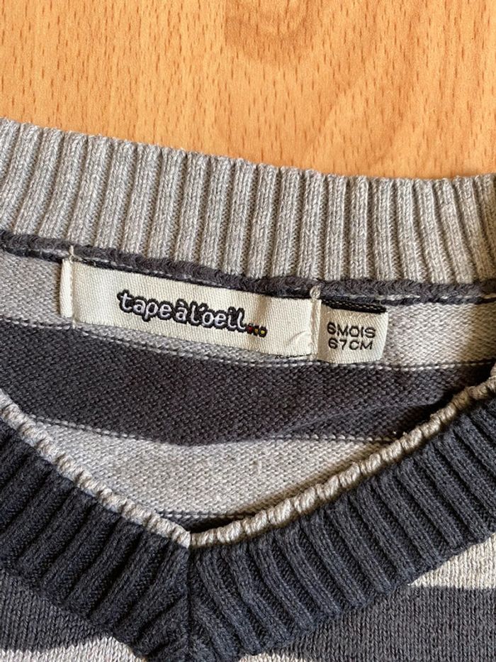 Beau pull ML à rayures grises et noires Tape à l’Oeil T. 6 mois/67 cm garçon TBE - photo numéro 5