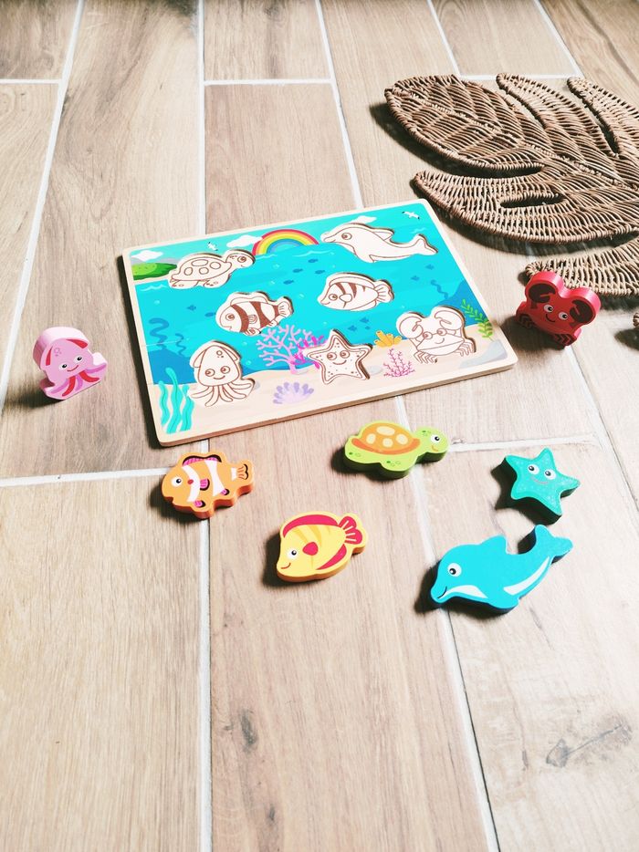 🐟Puzzle d'encastrement 3D les animaux marins en bois