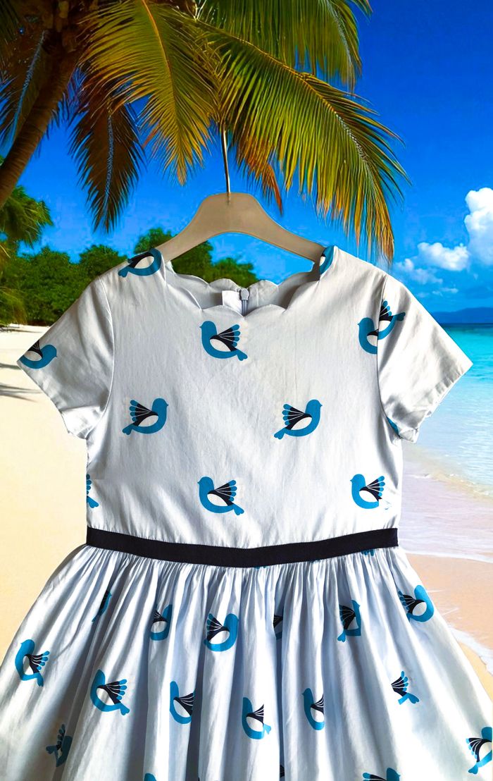 JACADI - ROBE FILLE TYPE PATINEUSE, MOTIF TOURTERELLES & ENCOLURE VAGUES 8A - photo numéro 4