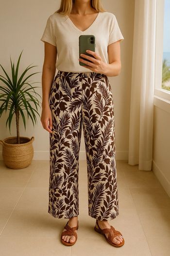 Pantalon large en lin imprimé tropical marron et beige – Mango – Taille M