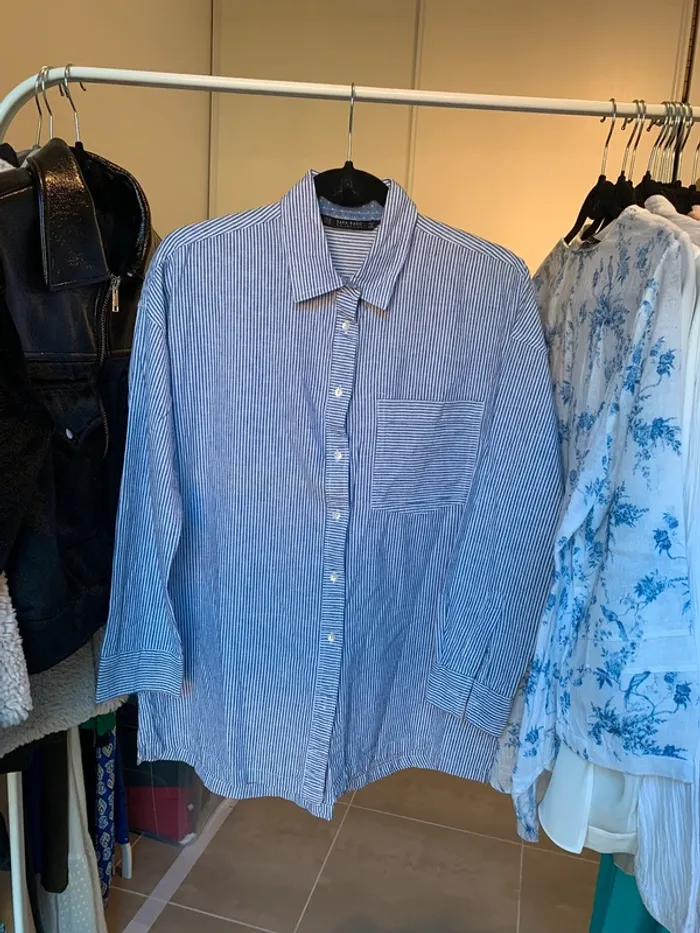 Chemise lin et coton Zara rayure blanche et bleue