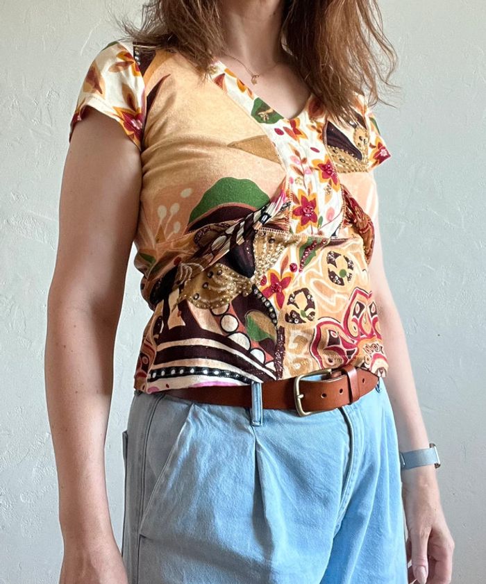 🌺 Top teeshirt René Derhy cintré multicolore – Taille M 🌺