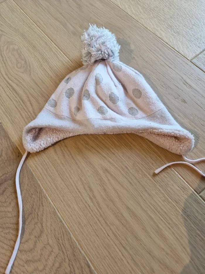 Bonnet fille Okaidi doublure polaire rose à points gris