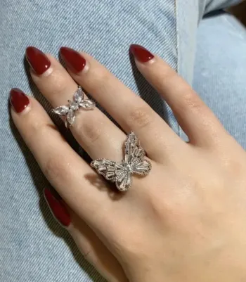 Lot de 2 bagues Papillons, strass, ajustables, couleur argentée