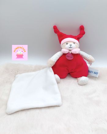 Doudou peluche ours Brioche rose fuchsia BABY NAT BN0733 mouchoir blanc pois