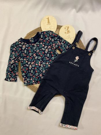 Ensemble fille haut manche longue et salopette fleuri