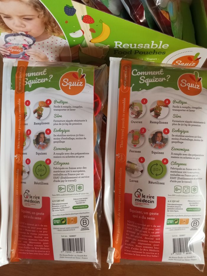 Neuf ! 2x Gourdes réutilisables Squiz 4x130ml avec squiz'zip Animaux Amazonie - photo numéro 2