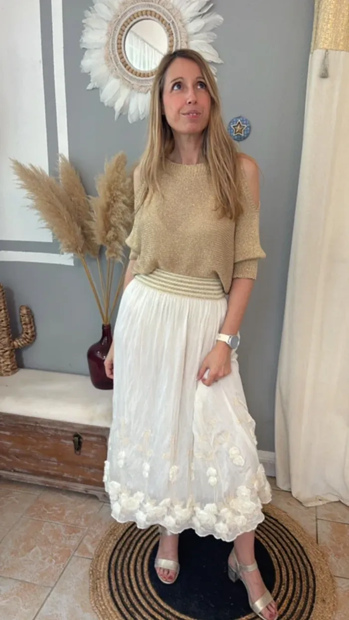 Jupe longue crème bohème avec broderies et fleurs Taille unique - photo numéro 5
