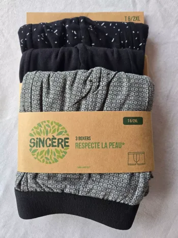 3 boxers taille 6/XXL noir, gris et blanc marque Sincère Label Oeko-Tex