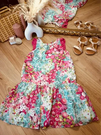 Taille 10 ans robe d’été fille Orchestra rose et verte * fleurs * 🌸