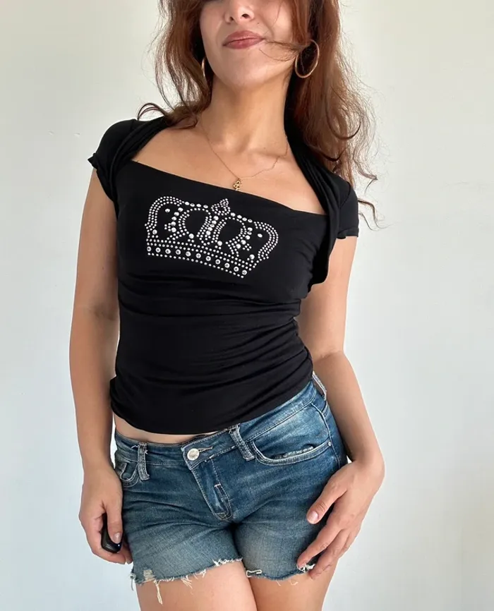 Petit haut vintage y2k année 2000 noir à motif strass taille S