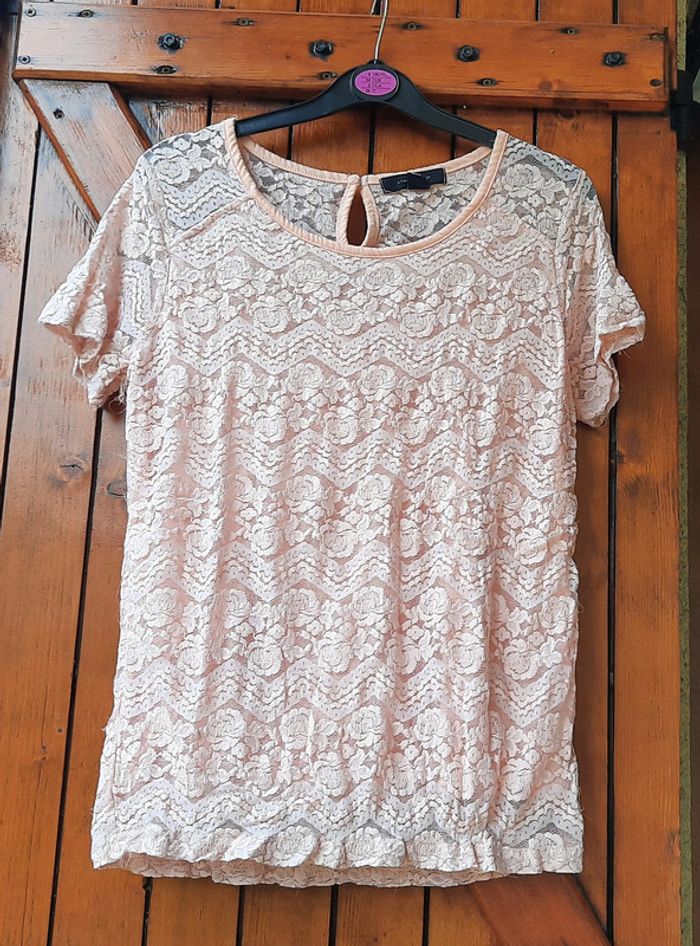Blouse rose en dentelle, Atmosphere, taille 42