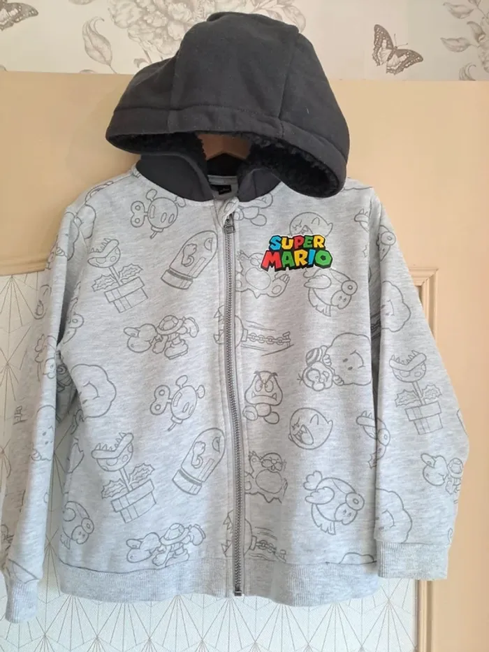 Gilet sweat à capuche doublée garçon 5 ans super Mario tbe gris noir