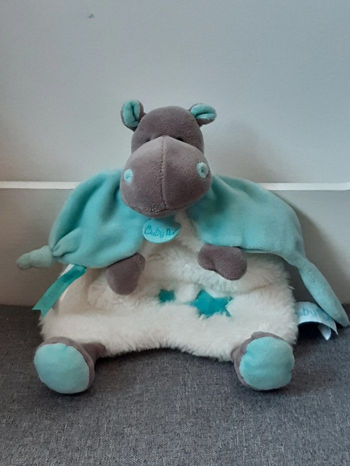 Peluche / doudou Baby Nat : Hippopotame Bleu et blanc
