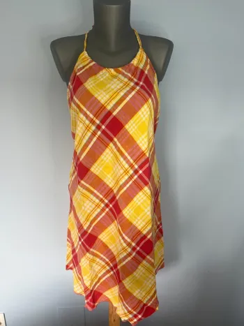 🌞 Robe sans manches Les Jours Bleus à nouer – Taille M, motif carreaux jaune & rouge/rosé, dos nu