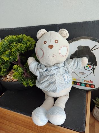 Doudou ours blanc bleu B coeur Bébé nounours gilet rond ancien b beige Crème