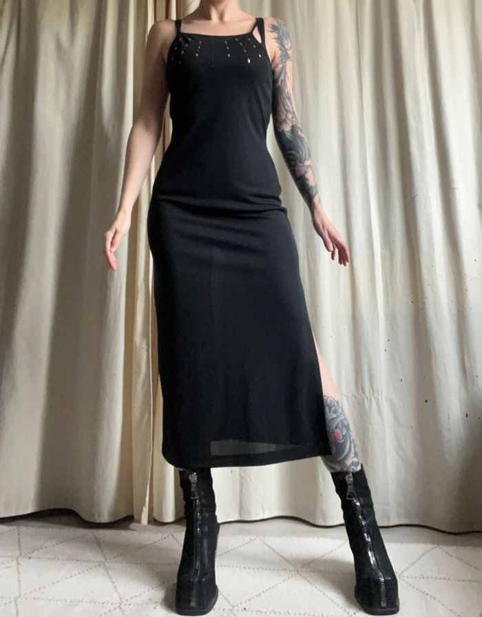 Robe longue fendue dos nu strass vintage Coquette Goth 90s - Taille S - photo numéro 6