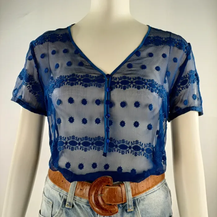 Blouse transparente bleue brodée en soie – Cacharel Paris T.38 A1159 - photo numéro 6
