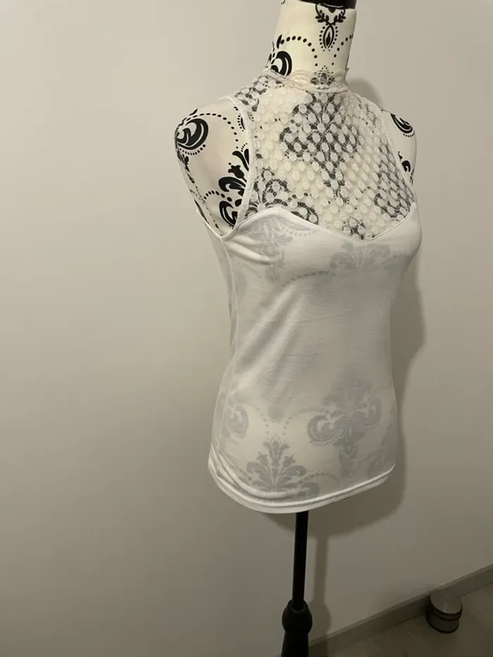 T-shirt débardeur sans manche blanc col montant dentelle Mim taille S - photo numéro 2