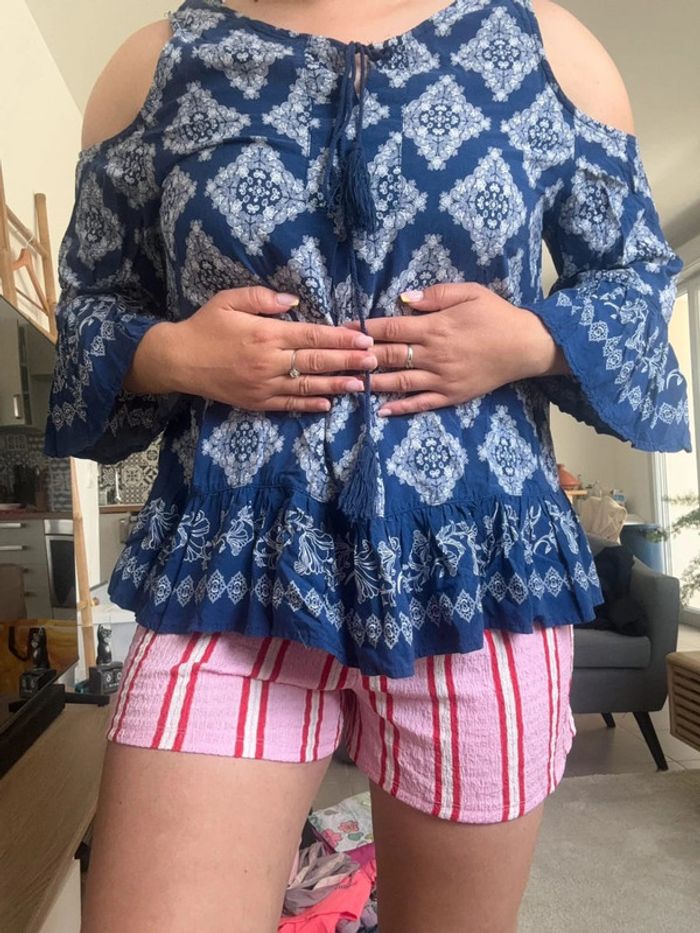 Haut bleu style bohème atypique amisu taille S