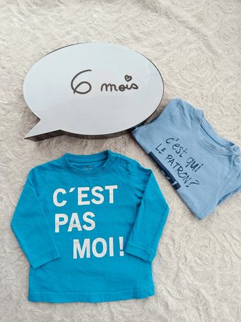 Tee shirt chemise manches longues + 1 offert Garçon 6 mois c'est pas moi ! Tex 100% coton