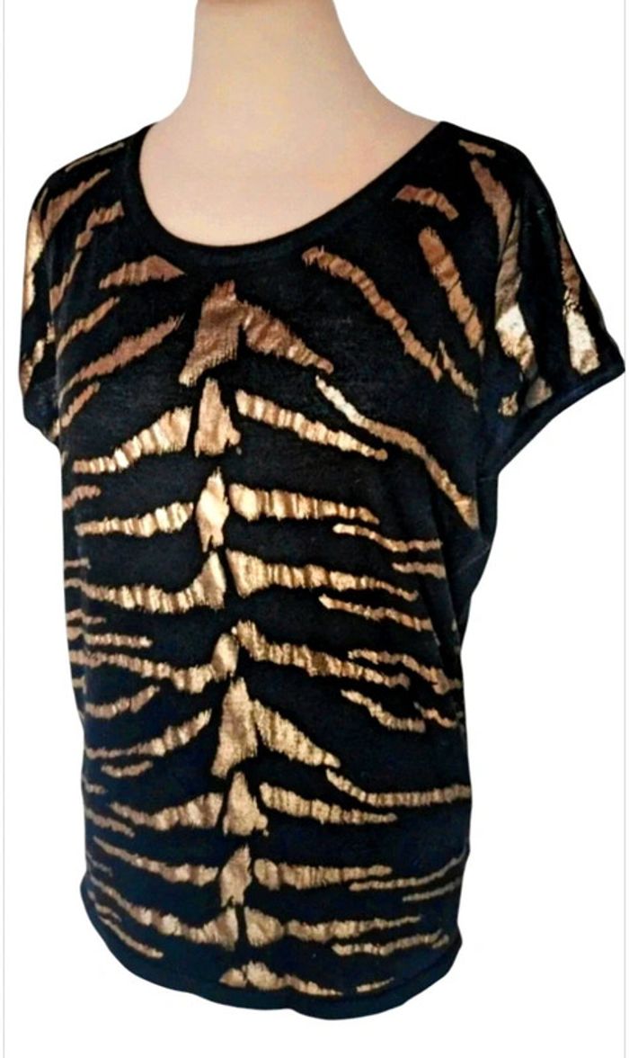 top blouse pull manche courte marque vintage dressing noir femme doré zèbre