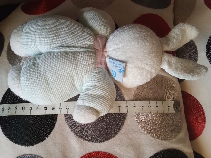 Doudou lapin Nounours vert clair proche bleu clair vichy rose blanc nez brodé marron tissu  nid d'abeilles et éponge blanc  bouclettes  blanches grelot hochet d'occasion - photo numéro 5