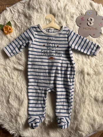🧸 Pyjama velours rayé "Papa déjà fan de moi" - 3 mois
