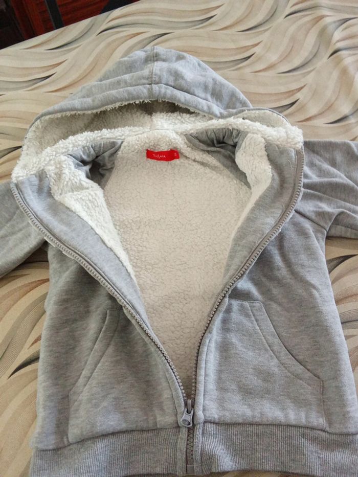 Sweat zippé fourré fille capuche gris Tissaia 8 ans - photo numéro 4
