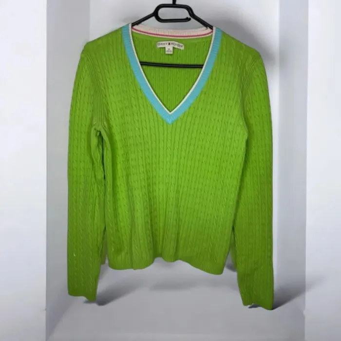 🎄 Magnifique Pull Col V Tommy Hilfiger / Vert Torsadé -T/M 🎄