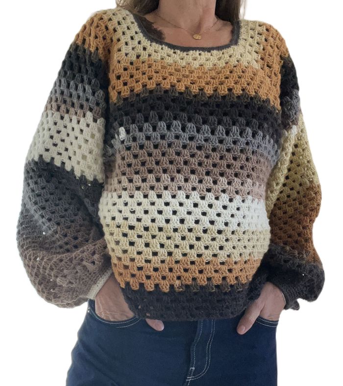 pull tricot crochet bohème beige marron