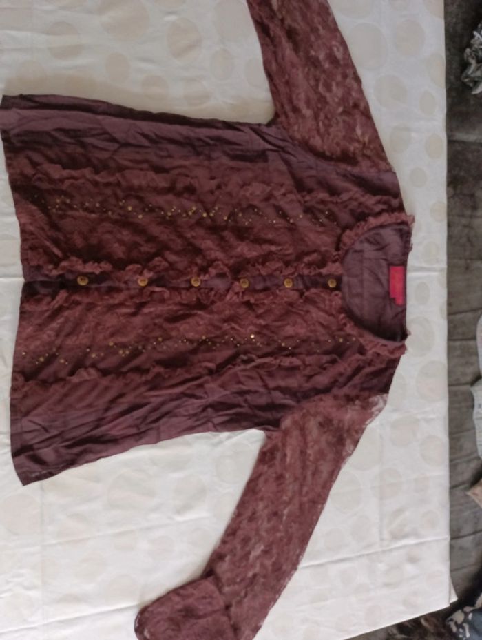 Chemisier blouse femme manches en dentelle JAC& JAC taille 2 froufrou et sequins rétro vintage