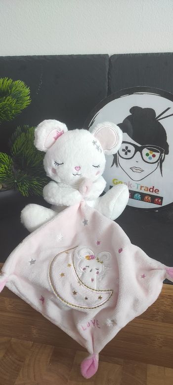Doudou souris blanche Mouchoir rose Love Lune Nicotoy Simba
