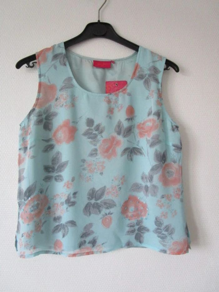 Blouse turquoise fleurs corail Jac Jac 38 NEUVE - photo numéro 6
